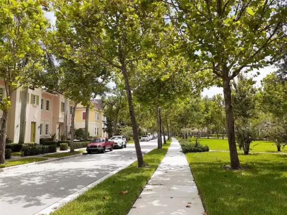 Lovely sidewalks lined with trees, where you pass fountains, parks, and colorful townhouses.